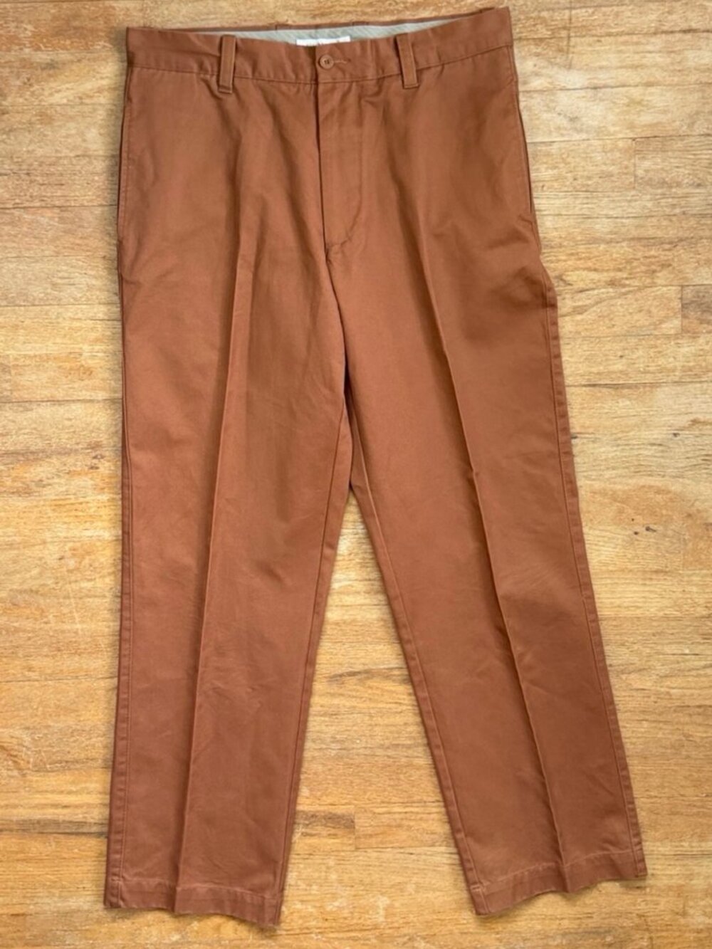 Vintage Mens Faded Brown Cotton Chinos Size 34x31 Flat Front Pants 90s Twill
